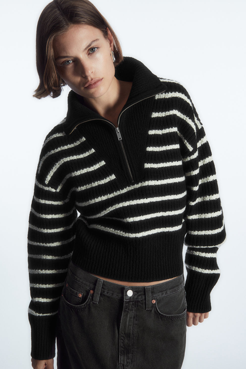 HALF-ZIP FUNNEL-NECK WOOL SWEATER - BLACK / WHITE / STRIPED - Knitwear - COS | COS (US)