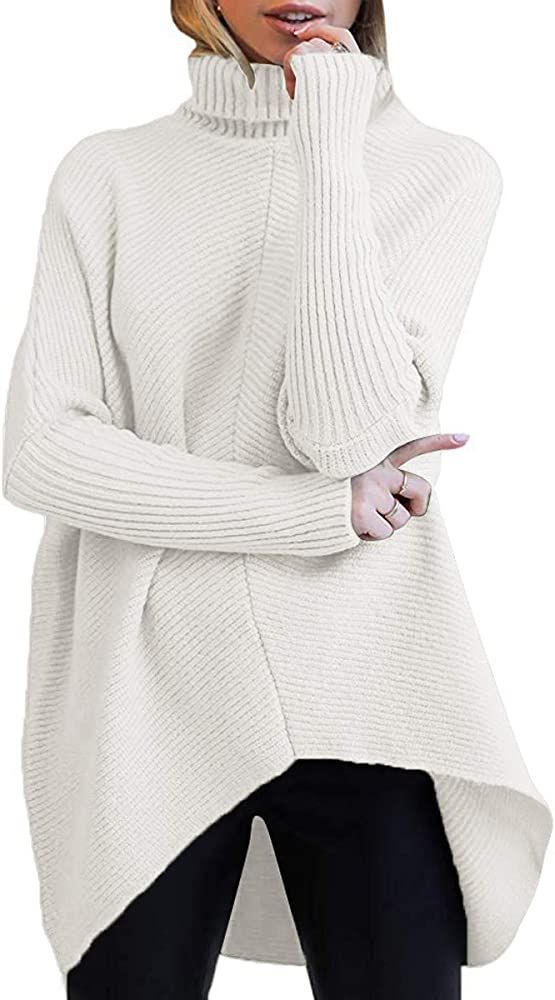 Womens Turtleneck Long Batwing Sleeve Asymmetric Hem Casual Pullover Sweater Knit Tops | Amazon (US)