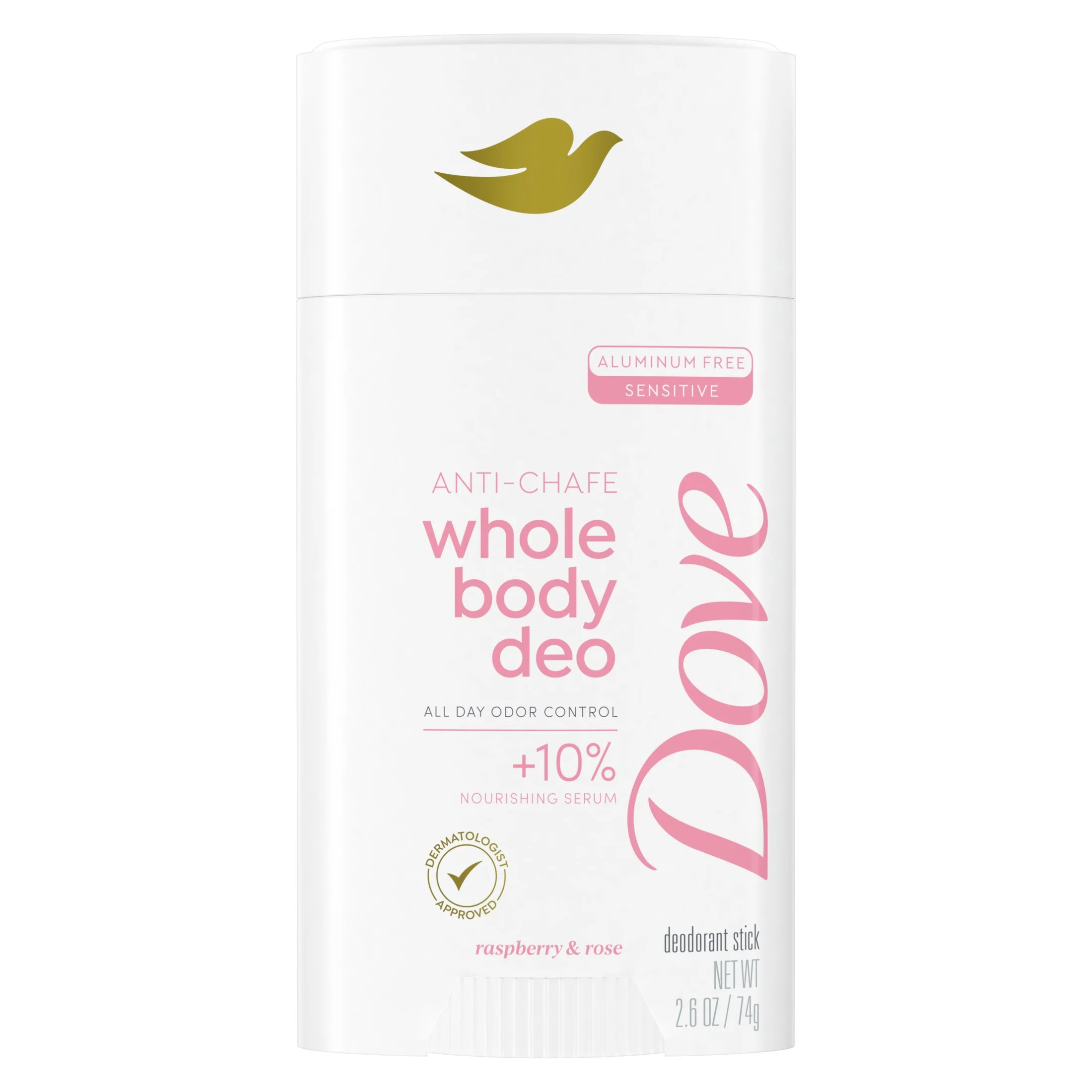 Dove Whole Body Deo Anti-Chafe Deodorant Stick for Women Raspberry & Rose Aluminum Free, 2.6 oz | Walmart (US)