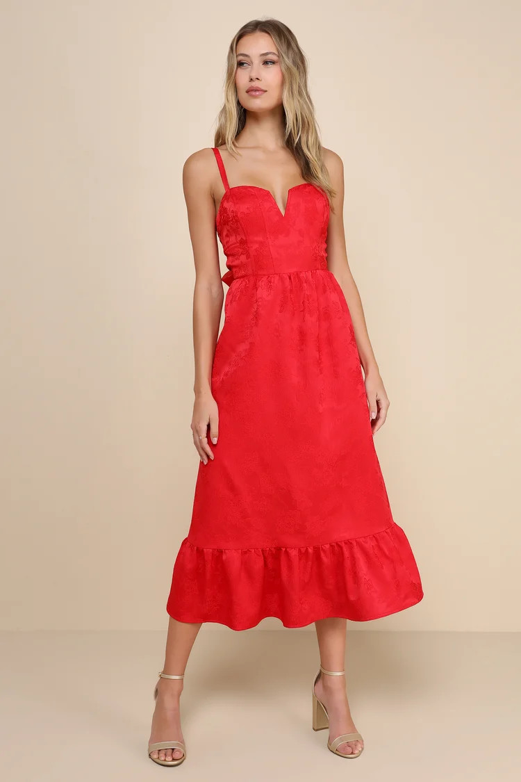 Major Perfection Red Floral Jacquard Midi Dress with Pockets | Lulus