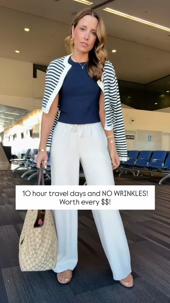 My travel outfit of the day! Aritzia The Lodge Pant - Crepette. I prefer XS short in these but regular works too! Wrinkle resistant with an elastic waist and high-rise. Aritzia t-shirt in XS. Aritzia striped cropped cardigan in 2XS. Jelly ballet flats are whole sizes only. I’m a 6.5 and sized down to a 6 per reviews. Business casual. Elevated casual. Workwear. Coastal outfit.

#LTKootd #LTKTravel #LTKWorkwear