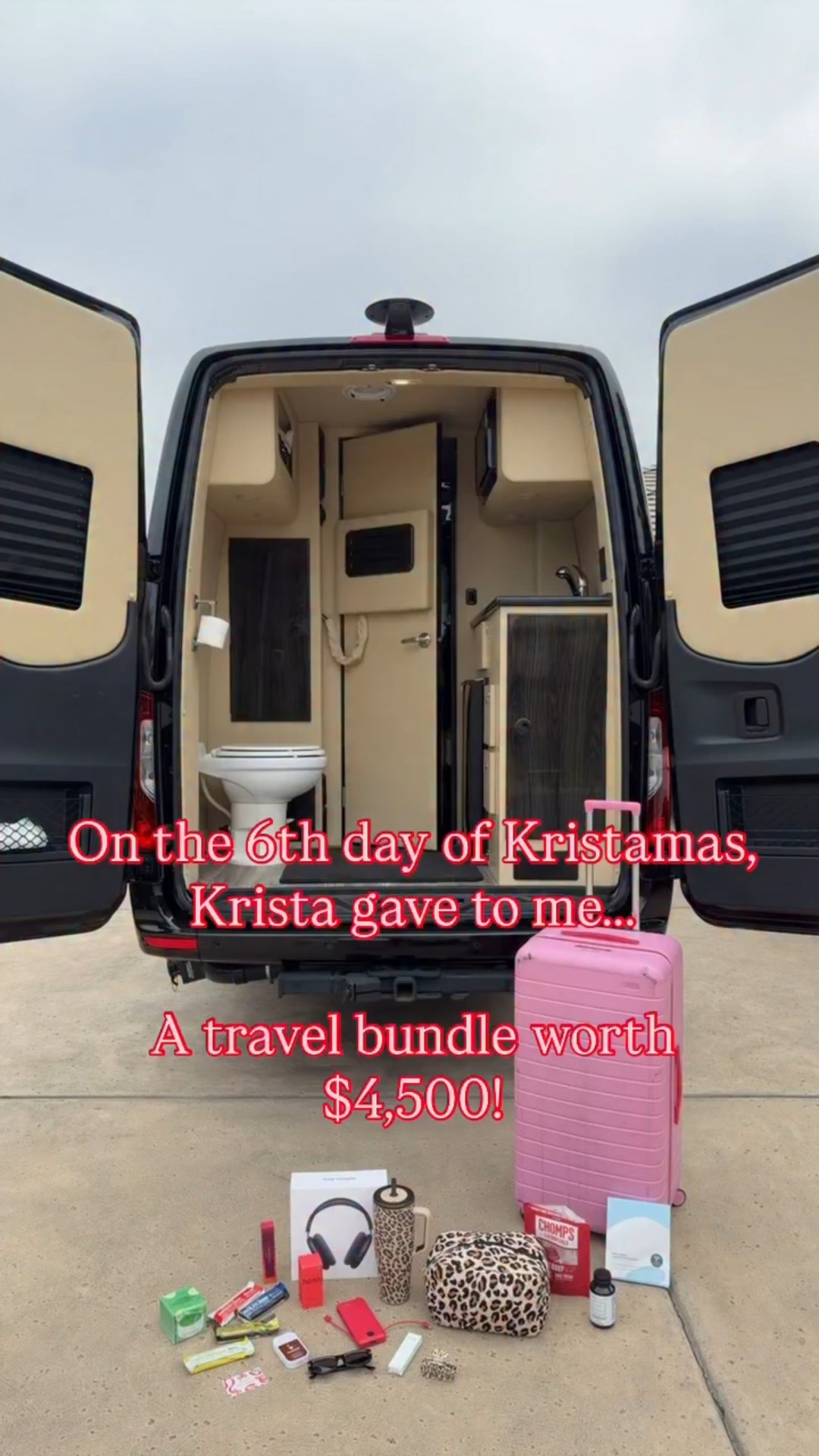 On the 6th day of Kristamas, Krista gave to me a travel bundle worth $4,500! This is just from ME to YOU! All you gotta do is like this post + comment a ✈️ (each comment is an entry) + share this reel to your stories (we’ll ask for proof) and one of you will win ALL of this:
✈️2 pieces of Away or Beis luggage (you choose)
✈️$2,000 Marriott gift card
✈️$100 Starbucks gift card 
✈️Apple AirPods Max
✈️Staykation Quillow
✈️Staykation cosmetic bag
✈️Staykation hair clip
✈️My fav Target sweat set
✈️New Balances
✈️Portable charger
✈️Tula lip mask
✈️Collagen face masks
✈️Hanni Fatty stick
✈️Phlur travel perfume 
✈️Touchland hanitizer
✈️JS Health Detox &amp; Debloat
✈️Peter Thomas Roth eye masks
✈️Pack of 4 Barebells
✈️Pack of Chomplings
✈️Fifth &amp; Ninth sunglasses
✈️Brumate 40 oz Leopard Era
(total value $4,500)
This ends on 12/20/25 and the winner will be announced on this post ONLY so please don’t engage with any fake accounts! ILYSM! Merry Kristamas!