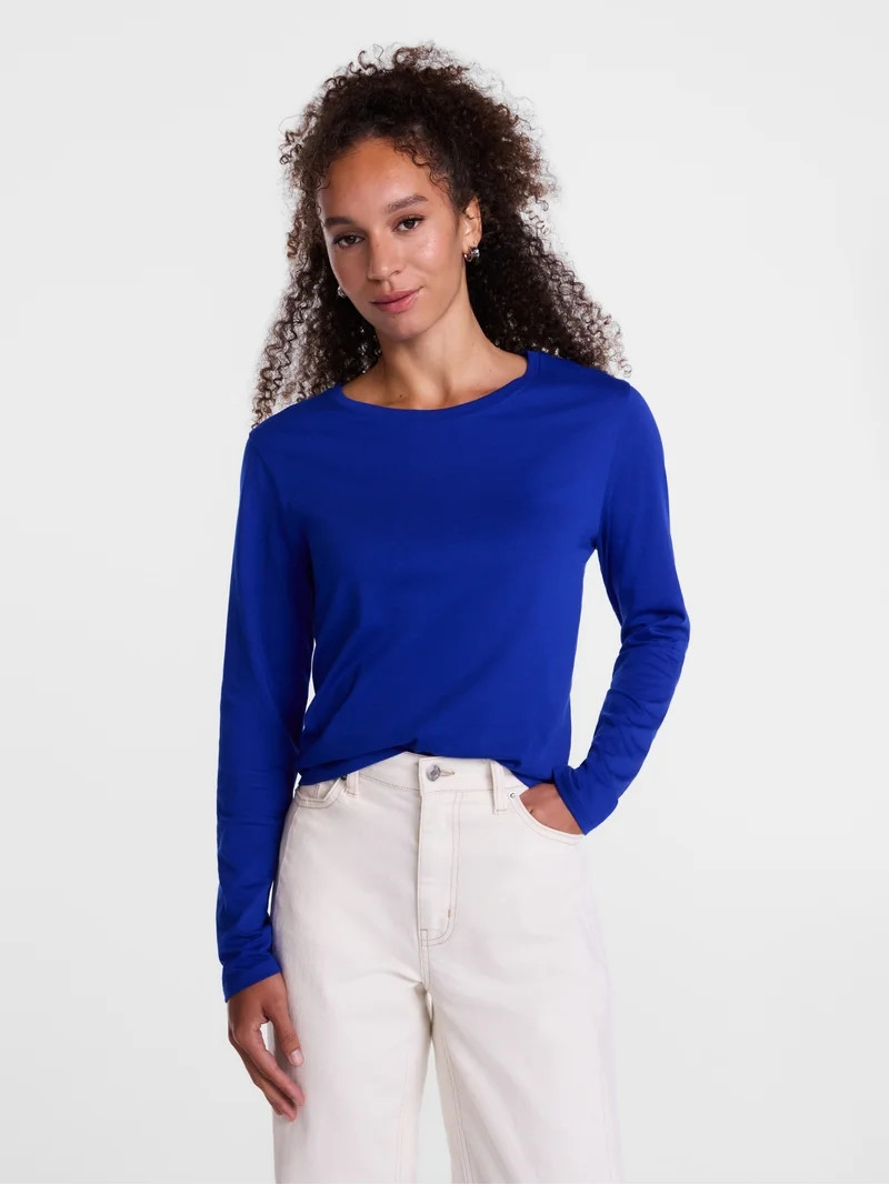 Scenario Women's Cotton Crewneck Tee with Long Sleeves, Sizes XS-XXXL | Walmart (US)