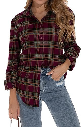 GUANYY Oversized Button Up Shirts for Women Fall Lightweight Long Sleeve Plaid Flannel Shirt 2024 Burgundy Plaid Medium | Amazon (US)