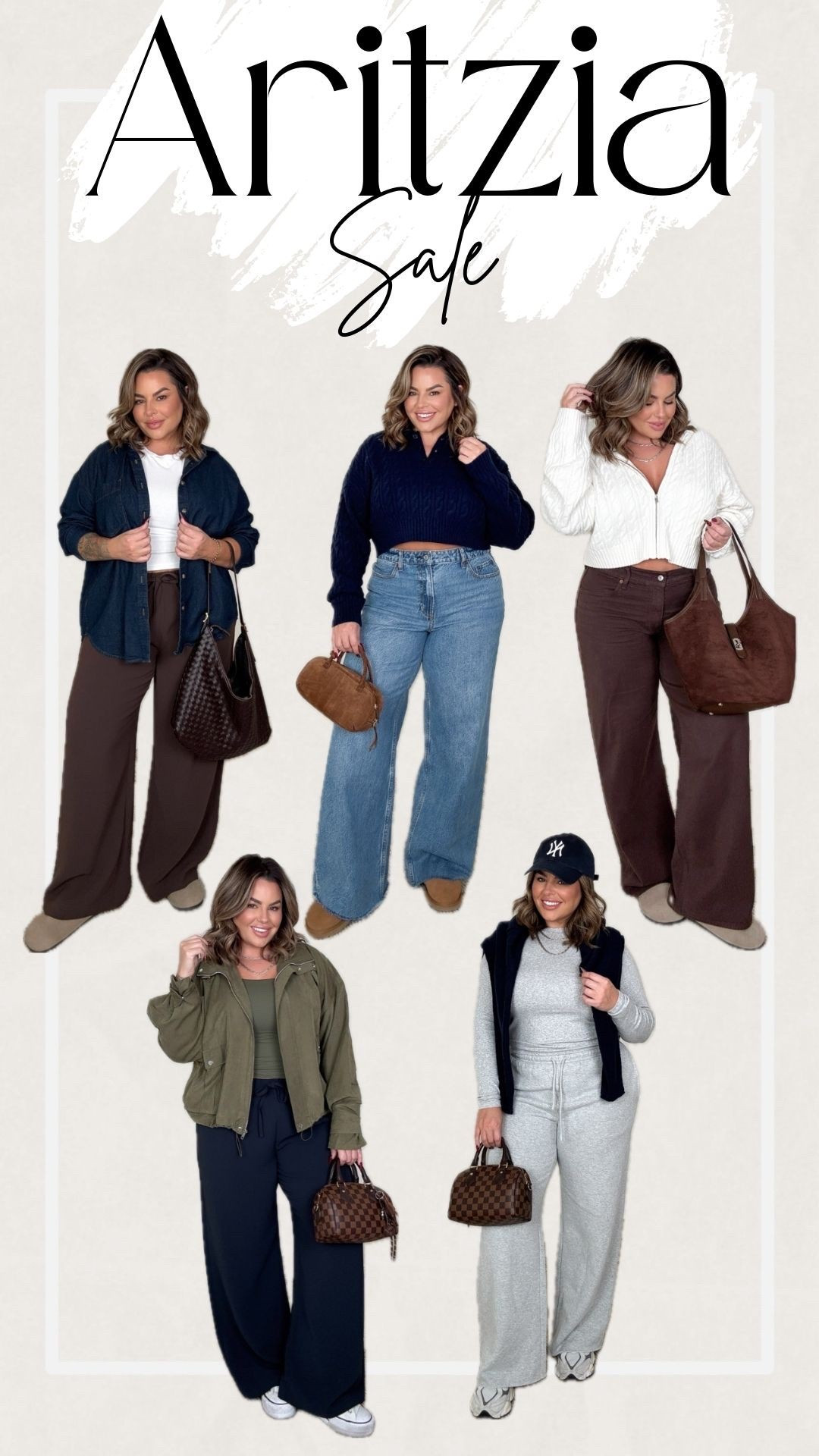 Aritzia Sale up to 50% off  they don’t do sales often so now is a good time to grab any of these items. The crepe pants are incredible because you can dress them up or down and they don’t wrinkle !! 

Top left to right sizing 
Denim shirt L 
White tee L 
Brown Aritzia pants L reg 
Navy cropped sweater L 
Jeans 32L 
Cream zip up sweater XL 
Brown jeans 32L 
Green jacket L 
Green tank L 
Navy pants L reg 
Grey sweatpants L 
Grey top L 
Navy sweater that’s on my shoulders xl 


#LTKSaleAlert #LTKFindsUnder100 #LTKMidsize