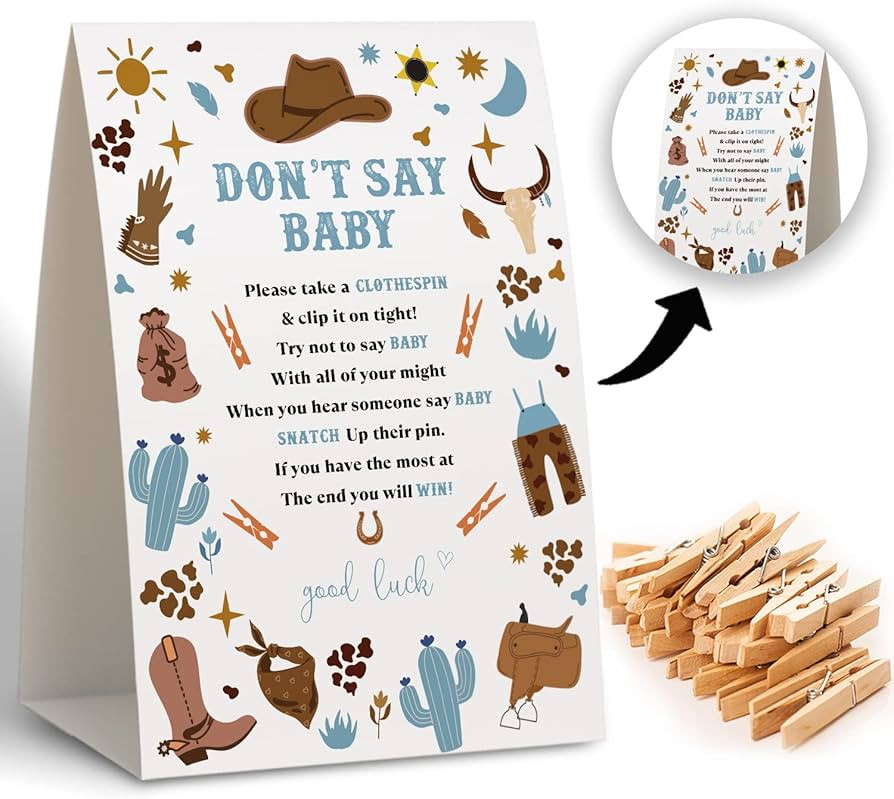 Don't Say Baby Clothespin Games,Cowboy Baby Shower Game (Pack of 1 Sign and 50 Mini Clothespins),... | Amazon (US)