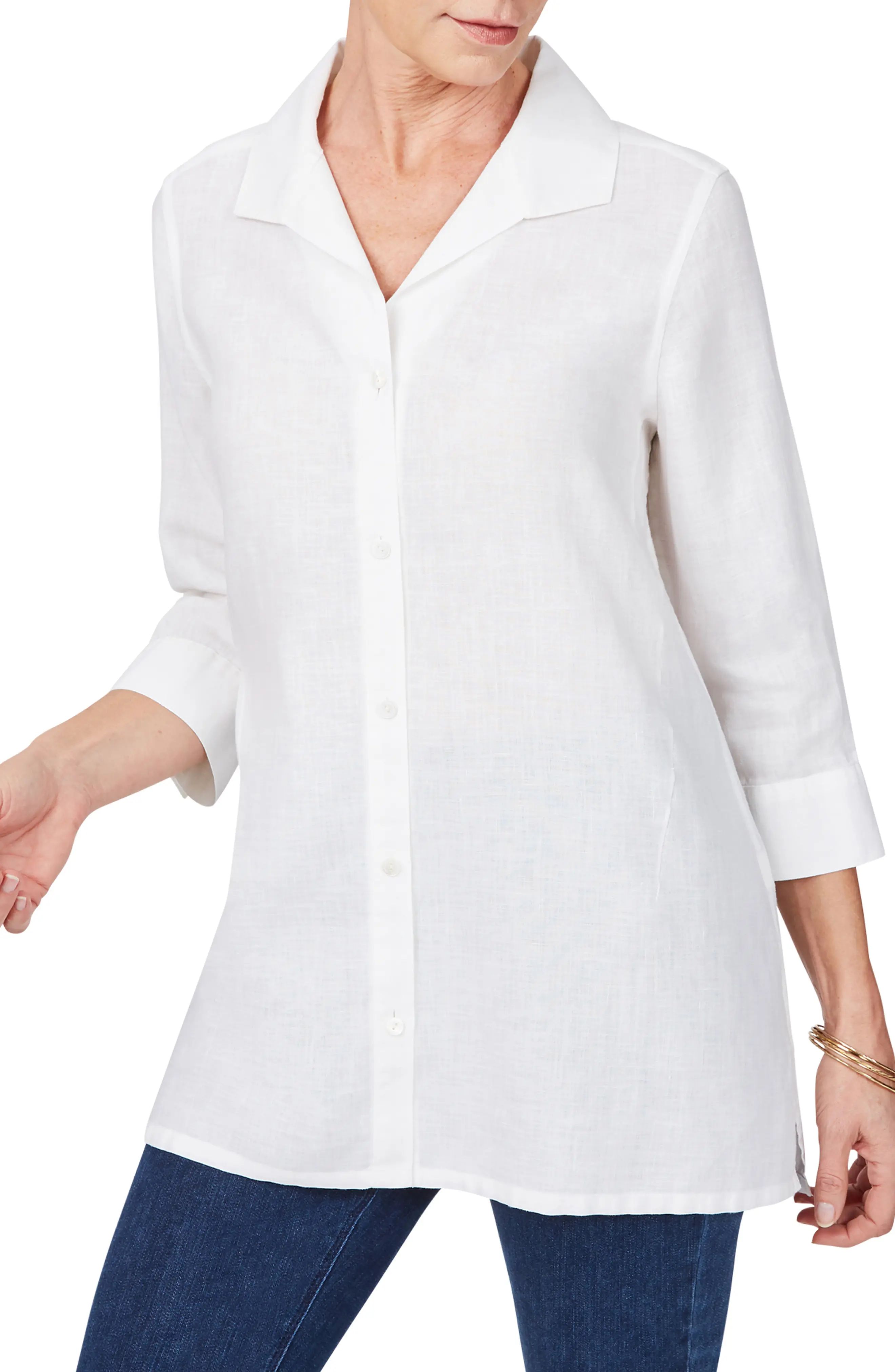 Foxcroft Sterling Button Front Non-Iron Linen Shirt in White at Nordstrom, Size 10 | Nordstrom