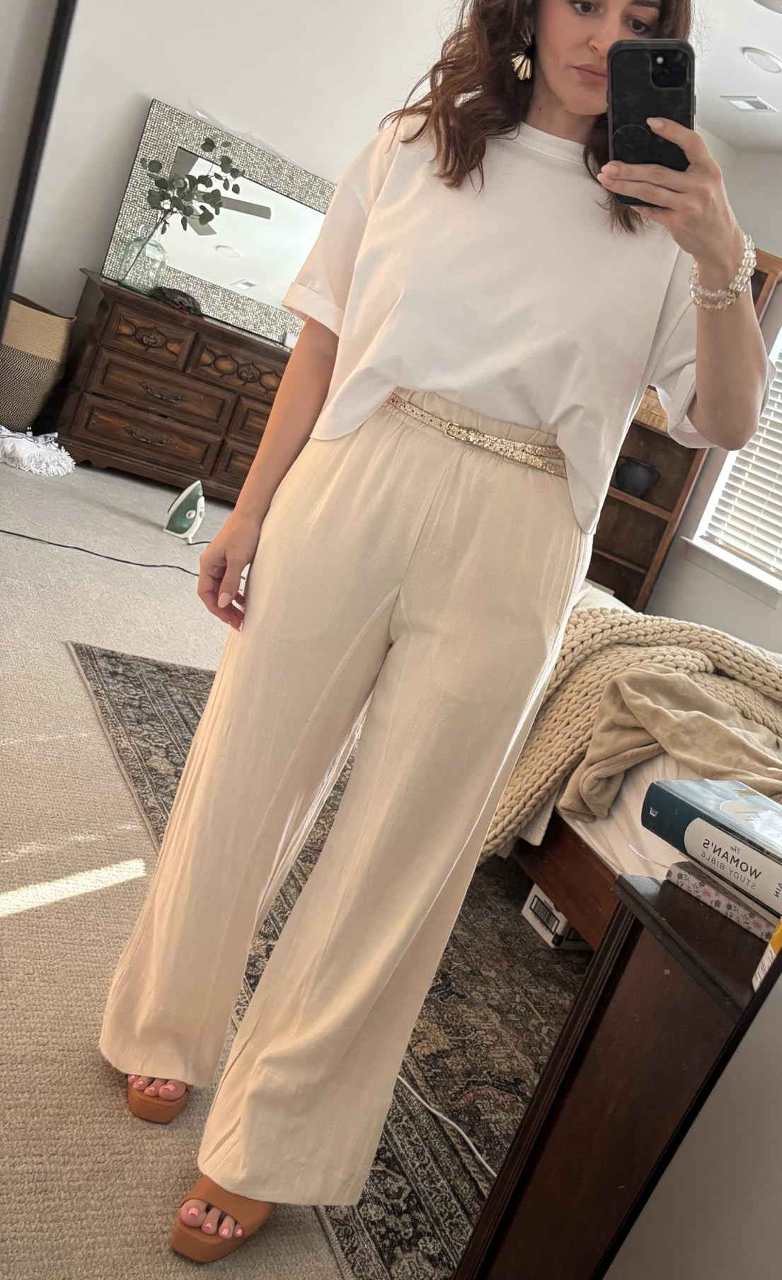 Linen Pants for Women Cotton Baggy Boho Casual Palazzo Pants Wide Leg Long Lounge Trousers with P... | Amazon (US)