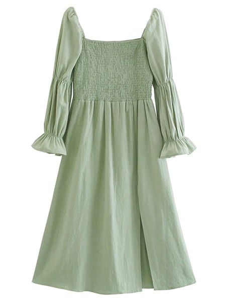 'Jade' Ruched Puff Sleeve Green Midi Dress with Slit | Goodnight Macaroon