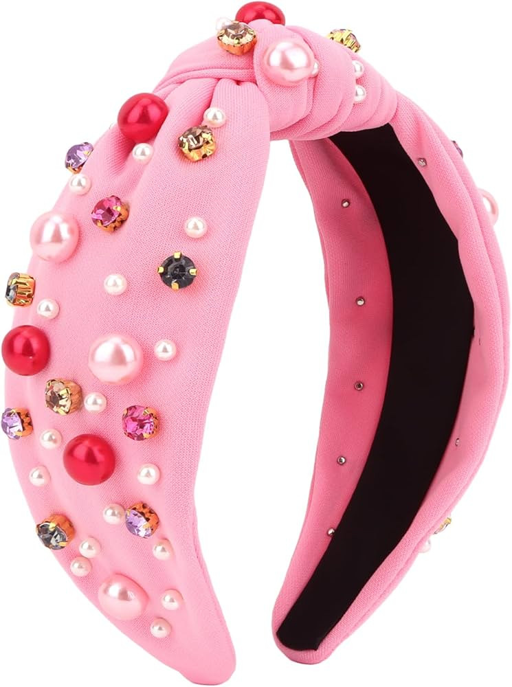 CURASA Valentine's Day Headband For Women Girls Hot Pink Pearl Rhinestone Hairband Love Heart Kno... | Amazon (US)