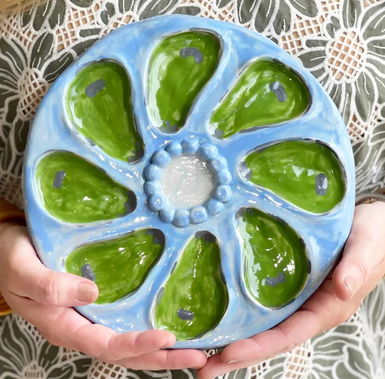 Oyster Plate 9" with beaded center - .Blue and Green - Unique Hand Built Artisan Pottery | Etsy (Global)