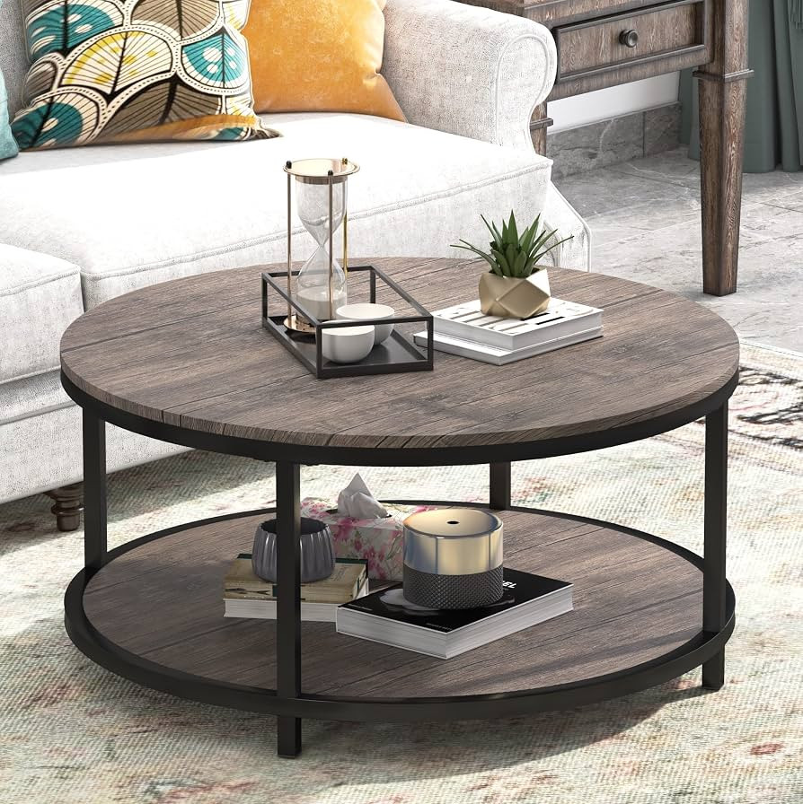 WiberWi Round Coffee Table 35.8" Rustic Vintage Industrial Design Furniture Sturdy Metal Frame Le... | Amazon (US)