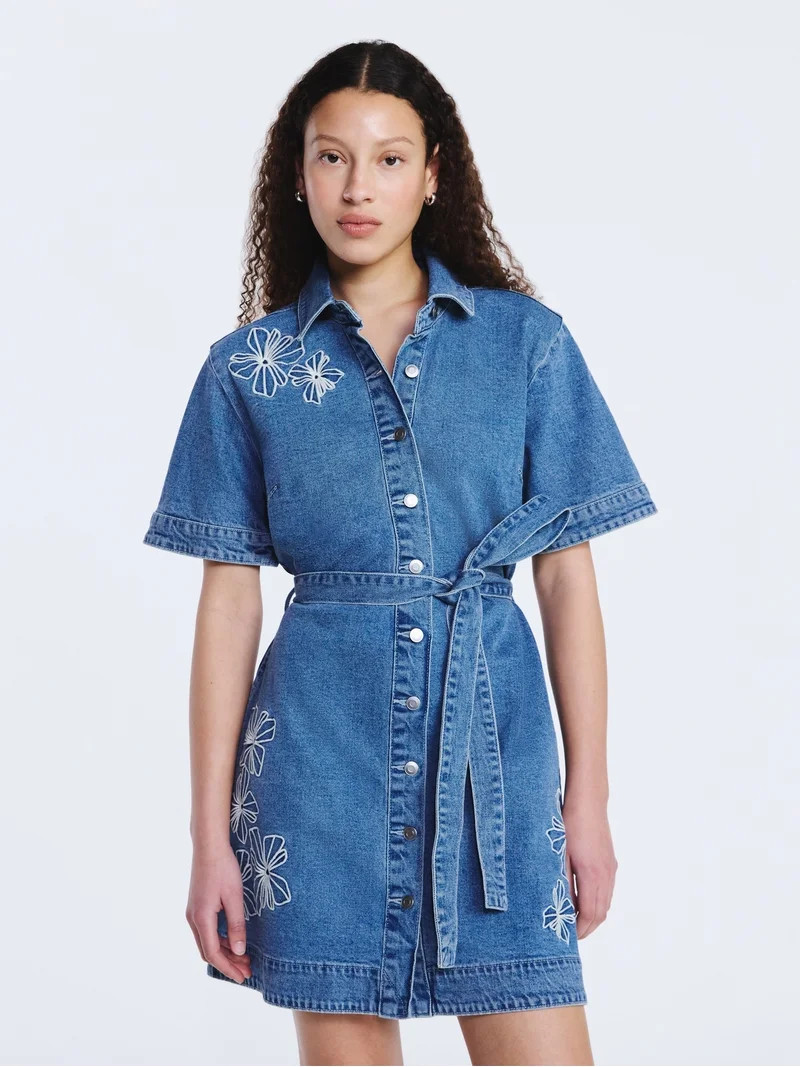 Free Assembly Women's and Women's Plus Embroidered Denim Mini Shirtdress with Belt, Sizes XS-4X | Walmart (US)