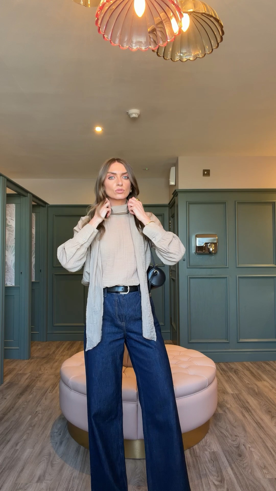 Jeans & a dressy top 🫶🏼
Top, belt, bag & heels all old but I’ve added similar
My exact jeans are the Abercrombie high rise wide leg trouser jean in the rinse trouser pocket and I wear the W25 Long leg and I’m 5ft 6 
25% off all jeans this weekend and add an extra 15% off with: AFXLTK