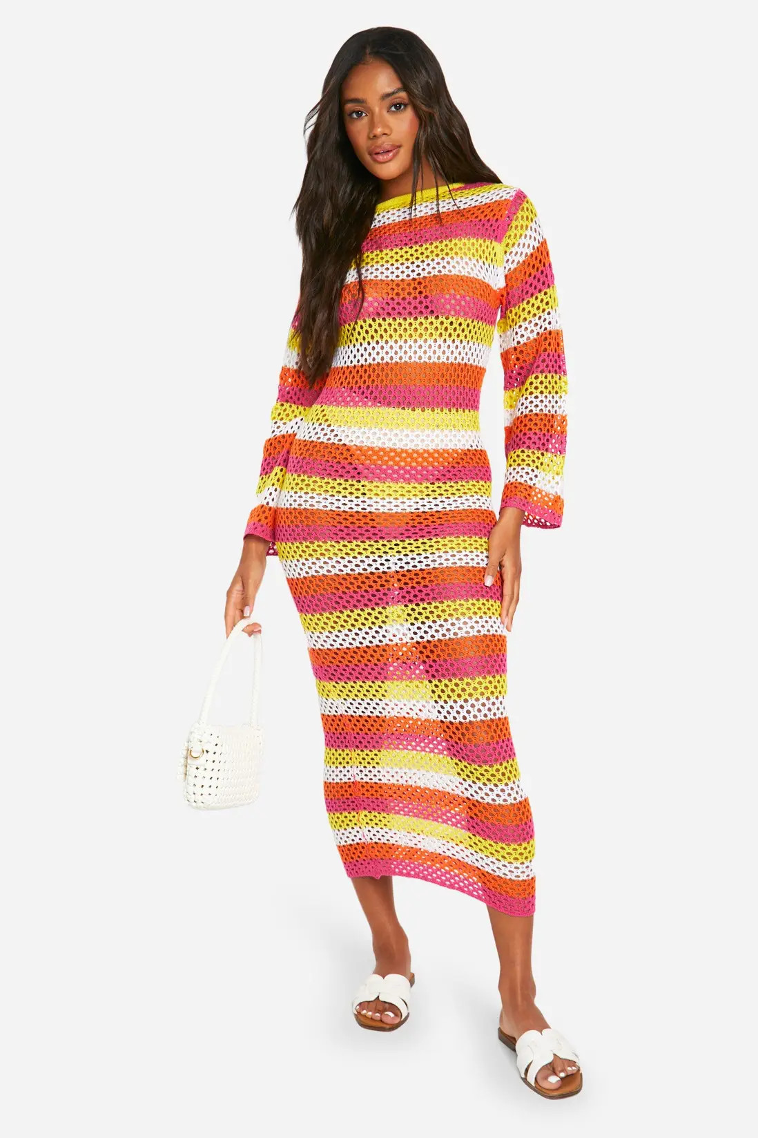 Pink Stripe Crochet Scoop Maxi Knitted Maxi Dress | Boohoo USA | boohoo (US & Canada)