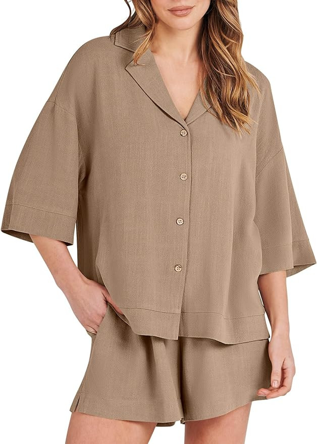 ANRABESS Women's Summer 2 Piece Outfits Linen Sets Short Sleeve Button Tops Casual Lounge Shorts ... | Amazon (US)