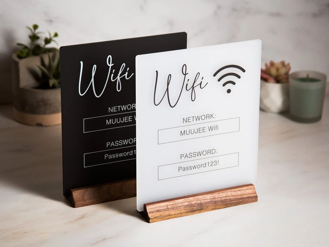 Wifi Acrylic Sign w/ Wood Base - 6.5 x 7.75" Ice or Black Wifi Sign for Home Airbnb Rental Small ... | Etsy (US)