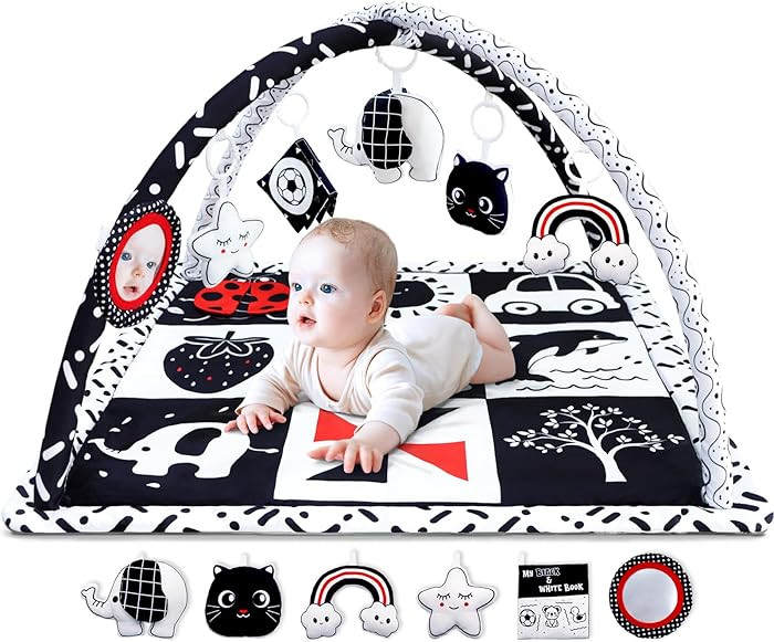 Poycuna Black and White Baby Gym Play Mat with 6 Toys Tummy Time Activity Mat for Babies 0-6 6-12... | Amazon (US)