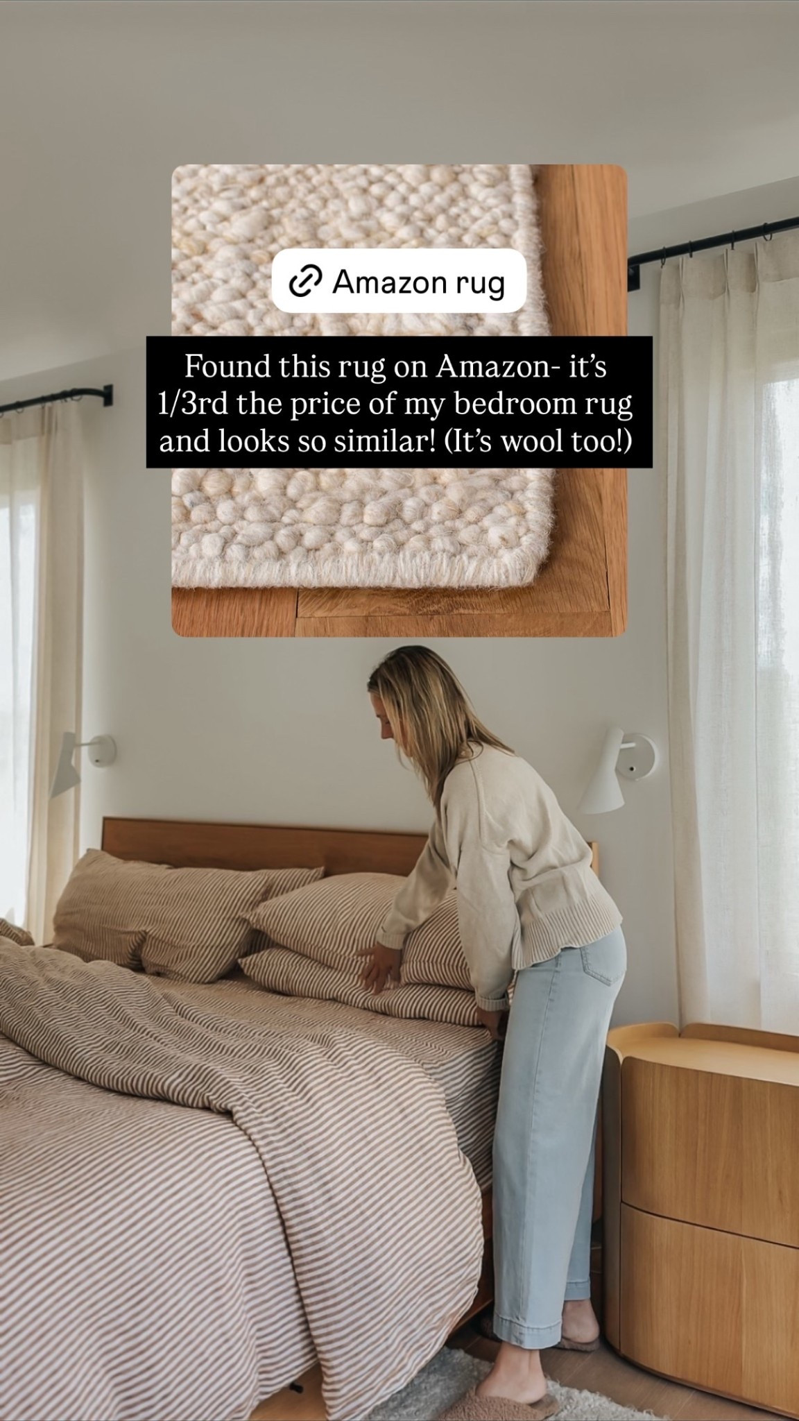 Found this rug on Amazon- it’s 1/3rd the price of my bedroom rug and looks so similar! (It’s wool too!)