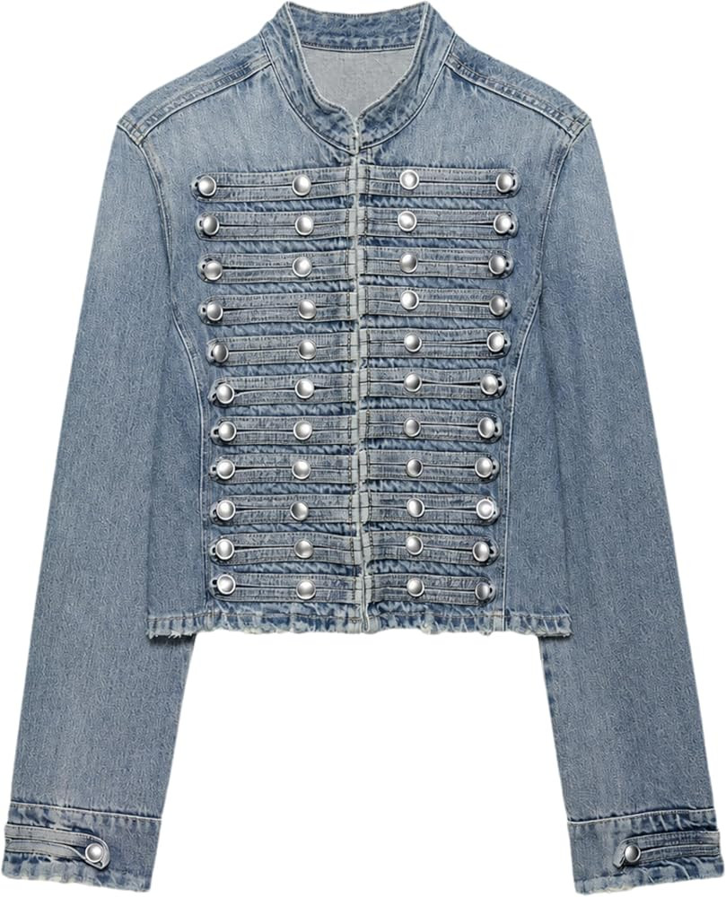 Women\u2019s Cropped Denim Jacket Long Sleeve Jean Coat Outerwear Vintage Double Breasted Jean Ja... | Amazon (US)