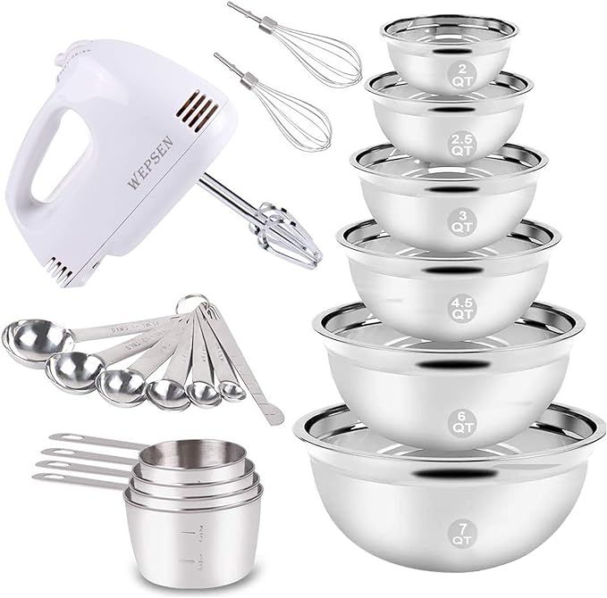 Electric Hand Mixer Mixing Bowls Set, Upgrade 5-Speeds Mixers with 6 Nesting Stainless Steel Mixi... | Amazon (US)