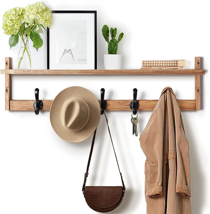 Tatub 29'' Coat Rack Wall Mount with Shelf, Wood Wall Hooks with Storage, Entryway Shelf with 5 H... | Amazon (US)