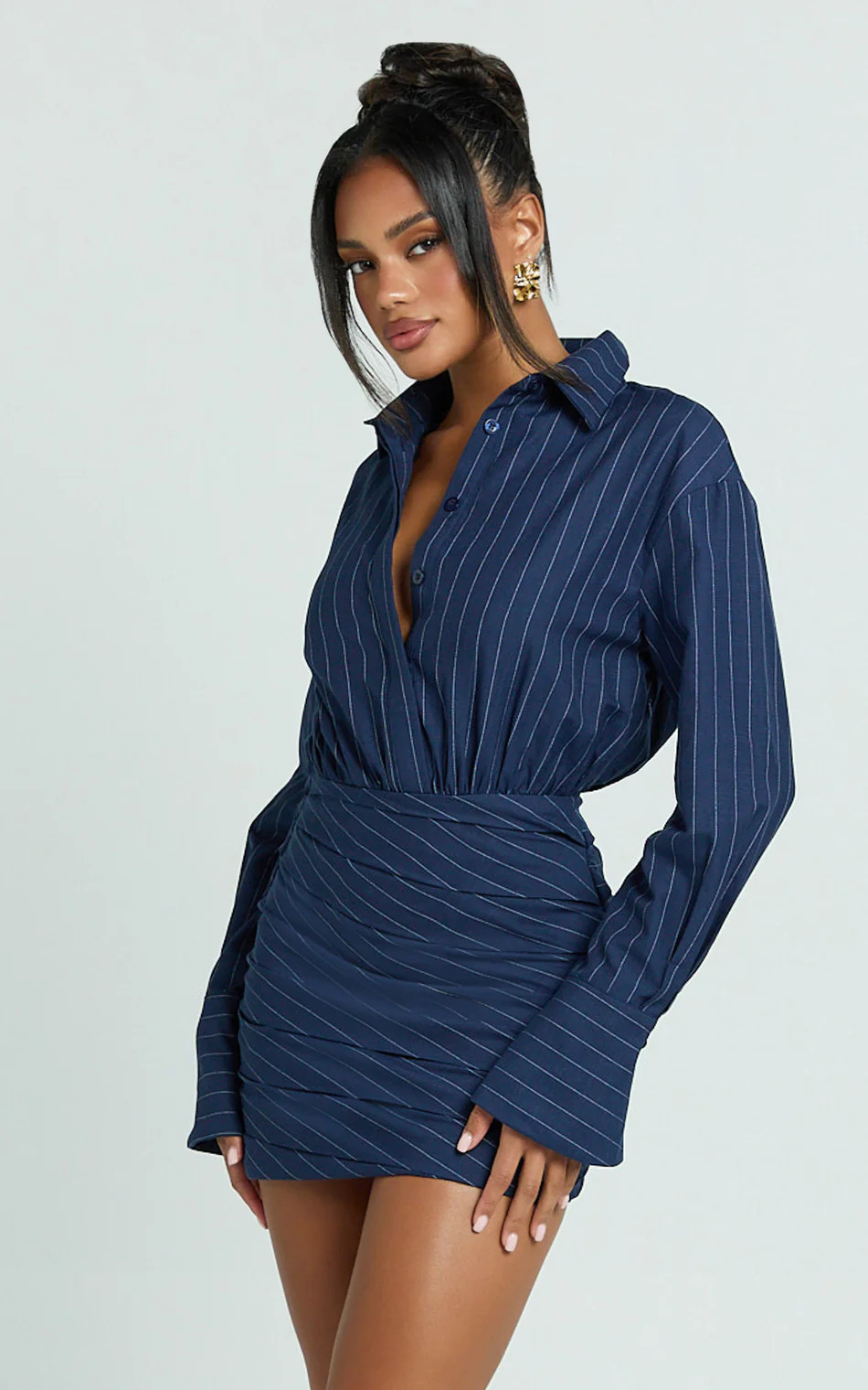 Elliot Mini Dress - Long Sleeve Pinstripe Shirt Dress in Navy Stripe | Showpo (US, UK & Europe)