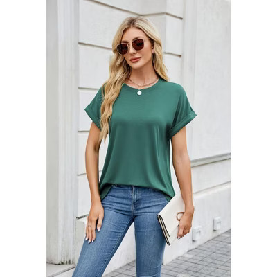 Womens Top Round Neck Loose Fit Short Sleeve Casual T Shirt Dark Green S | Target
