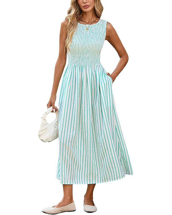 Women's Summer Striped Sleeveless Maxi Dress Smocked Swing A Line Beach Vacation Dress with Pocke... | Amazon (US)