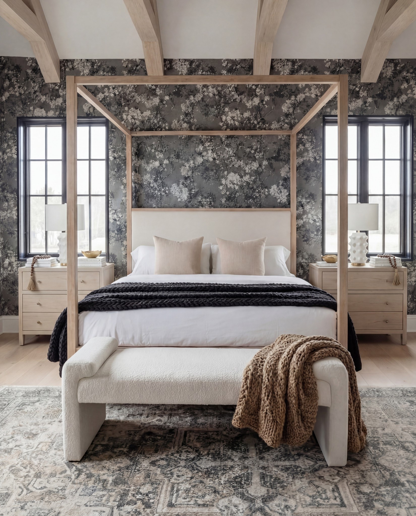 Canopy bed frame in light oak
• Upholstered headboard bed
• Charcoal botanical wallpaper
• Oak bedroom nightstands
• Neutral area rug for bedroom
• Fluted leg upholstered bench
• Ceramic bedside table lamps
• Cozy chunky knit throw blanket
• Black woven throw blanket
• Natural wood ceiling beams decor
• Modern home decor accents
• Neutral bedroom decor accessories

#LTKFindsUnder100 #LTKHome #LTKSaleAlert