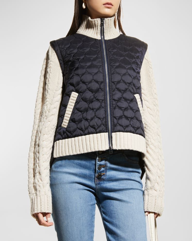 Veronica Beard Patra Mixed-Media Quilted Cable-Knit Jacket | Neiman Marcus