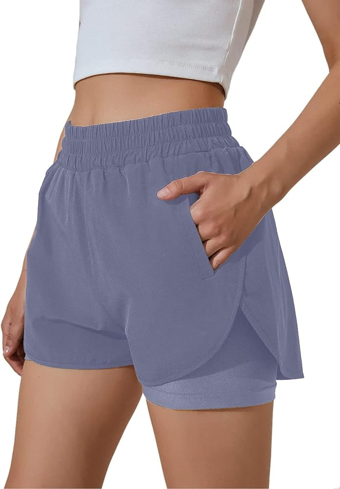 BMJL Women's Running Shorts Elastic Waistband High Waisted Shorts Pocket Sporty Workout Shorts Gy... | Amazon (US)