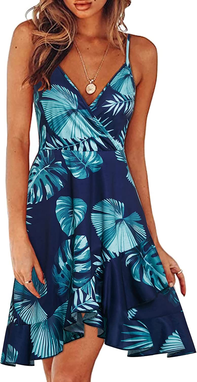 ULTRANICE Womens Summer Floral Wrap V Neck Adjustable Spaghetti Casual Ruffle Dress | Amazon (US)