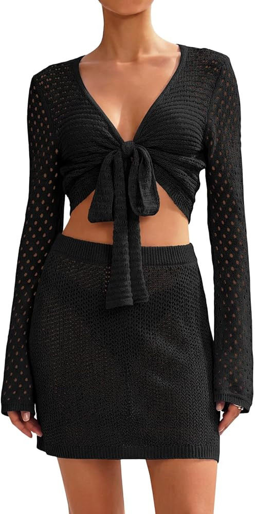 Saodimallsu Womens Crochet Swimsuit Coverup Beach 2 Piece Cover Up Set Crop Long Sleeve Tie Front... | Amazon (US)