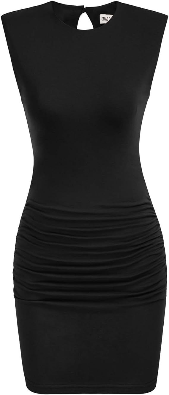 GRACE KARIN Women's Sleeveless Shoulder Pads Crewneck Ruched Mini Bodycon Dress | Amazon (US)