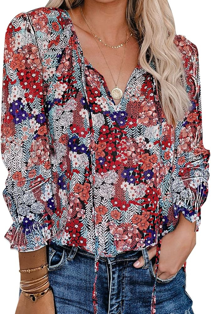 FARYSAYS Women's Casual Boho Floral Print V Neck Long Sleeve Shirts Tops Loose Blouses | Amazon (US)