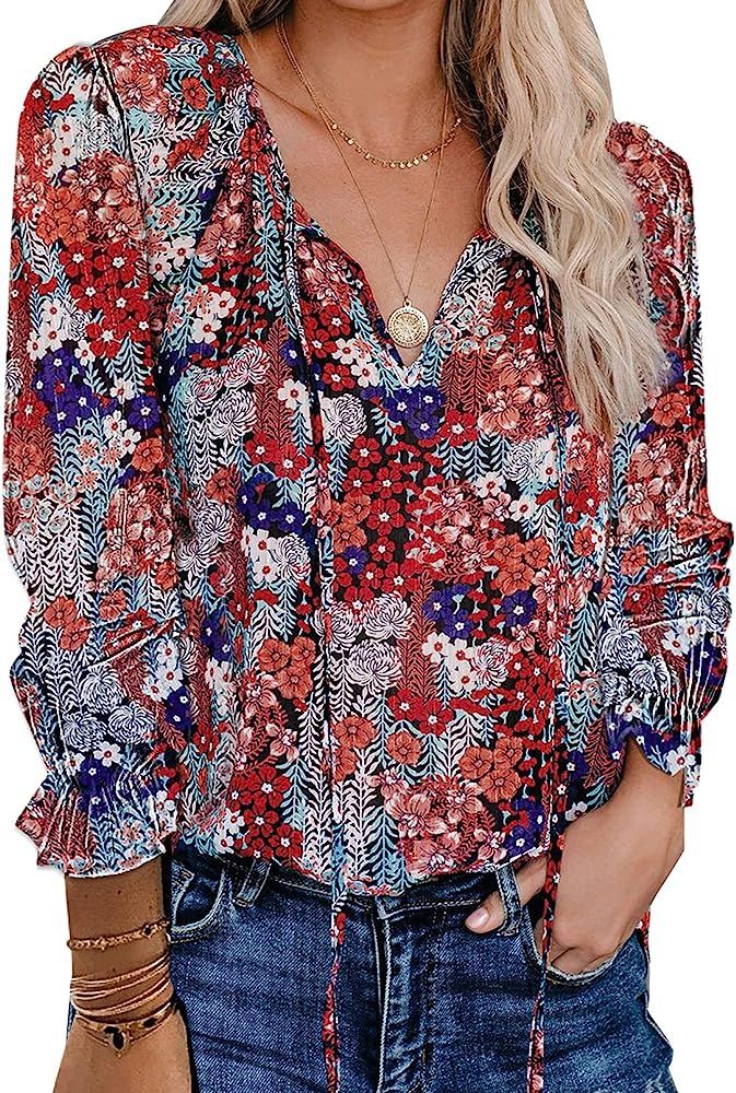FARYSAYS Women's Casual Boho Floral Print V Neck Long Sleeve Shirts Tops Loose Blouses | Amazon (US)