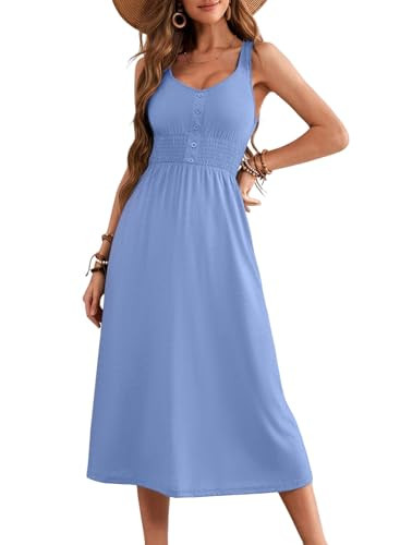 Dokotoo Spring Dresses for Women 2025 Sleeveless Round Neck Smocked Empire Waist Button Down Summer Casual Cruise Outfits Loose Soft Cute A Line Swing Midi Dress Boho Beach Sundress Sky Blue Small | Amazon (US)