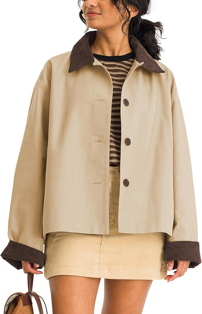 Lviefent Womens Contrast Collar Jacket Casual Button Down Long Sleeves Crop Trench Coat Outerwear... | Amazon (US)