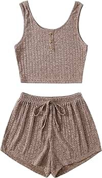 SheIn Women's 2 Piece Sleeveless Button Crop Tank Tops and Shorts Lounge Set Mocha Brown Medium a... | Amazon (US)