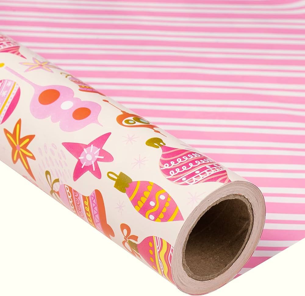 MAYPLUSS Christmas Reversible Wrapping Paper - Mini Roll - 17 Inch X 32.8 Feet- Pink Design (47.3... | Amazon (US)