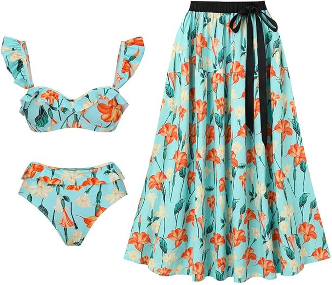 IDOPIP Women's One Piece Swimsuit with Beach Cover up Wrap Skirt Sarong Retro Floral Print Bikini... | Amazon (US)