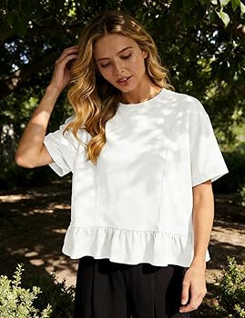 Women Summer Short Sleeve T-Shirts Ruffled Peplum Hem Knit Tee Crew Neck Badydoll Pleated Tops | Amazon (US)