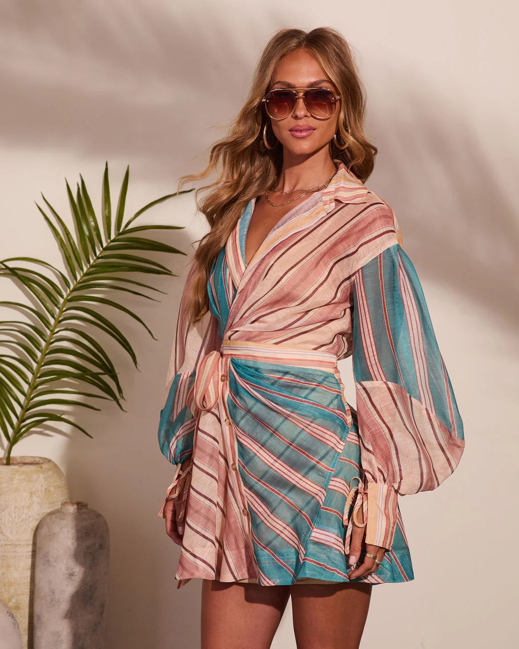 Slow Tide Striped Color Block Wrap Tie Mini Shirt Dress | VICI