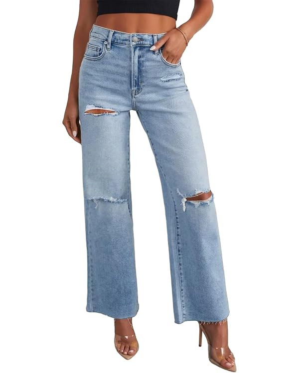 Allimy Women's High Waisted Straight Ankle Wide Leg Ripped Jeans Frayed Hem Stretchy Capri Denim ... | Amazon (US)