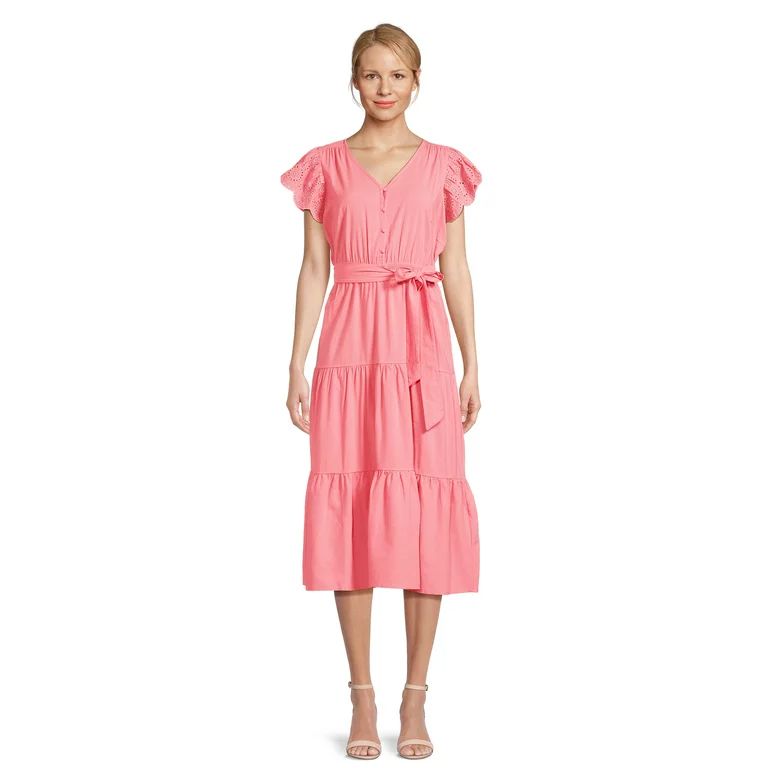 Time and Tru Women's Tiered Midi Dress with Eyelet Sleeves | Walmart (US)
