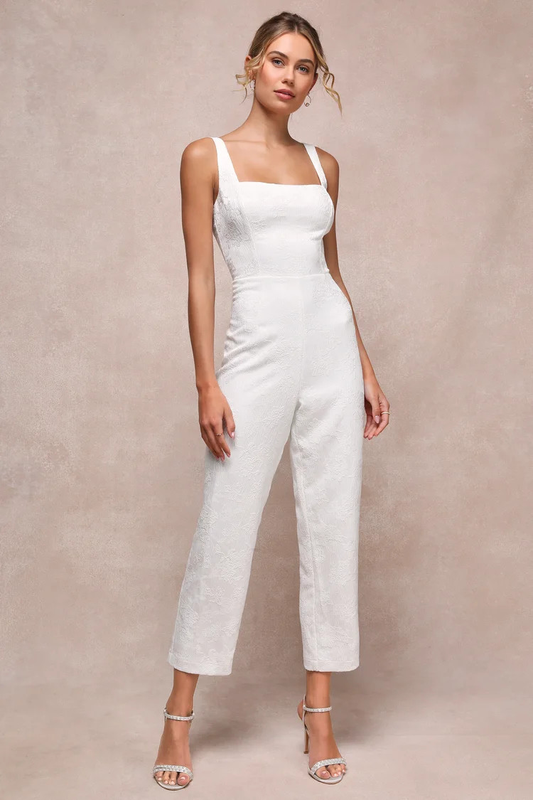 Exceptional Vision White Textured Jacquard Backless Bow Jumpsuit | Lulus (US)