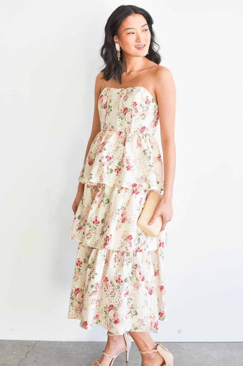 Rumi Cream and Pink Floral Eyelet Midi Dress | Confête