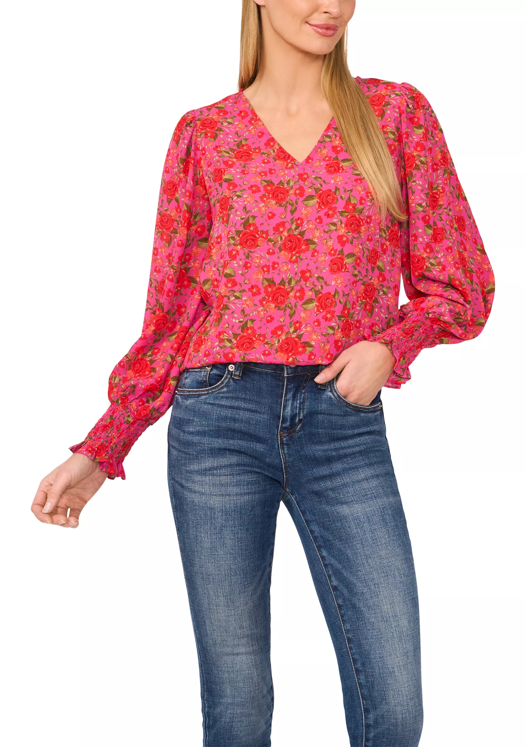 Petite Long Sleeve V-Neck Blouse with Smocking | Belk