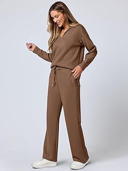 ANRABESS Women's 2 Piece Outfits Lounge Sets Casual Long Sleeve Sweatsuits Polo Top Wide Leg Pant... | Amazon (US)